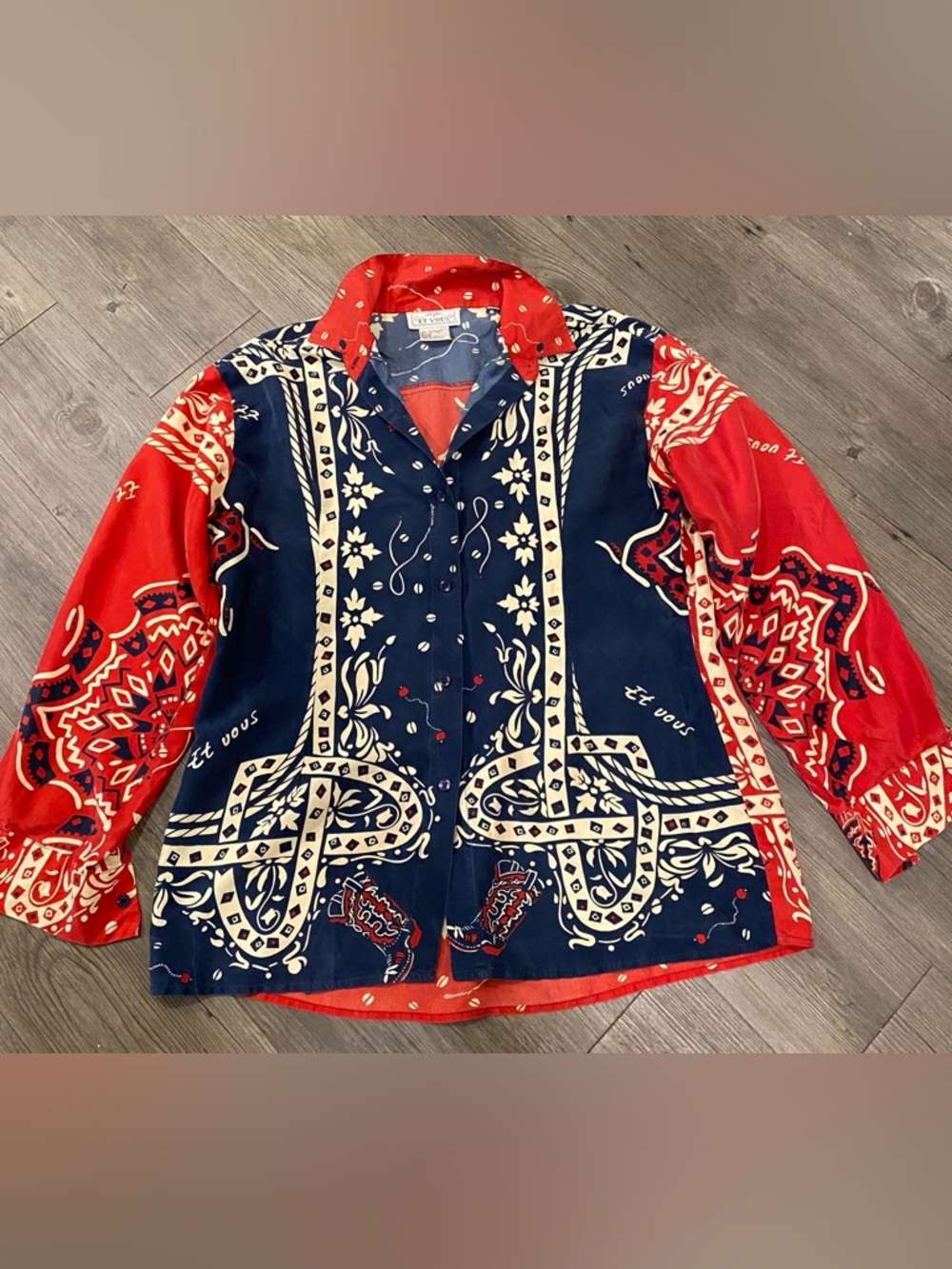 Vintage ET VOUS Red & Navy Bandana Print 100% Silk Button-Up Shirt